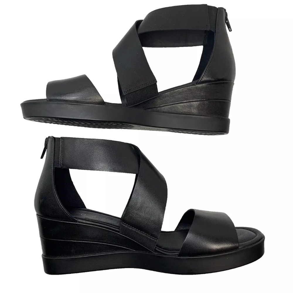 Ecco Elevate Black Leather Platform Wedge Sandal Wide Strap Size‎ 37EU, 6US - Picture 4 of 16